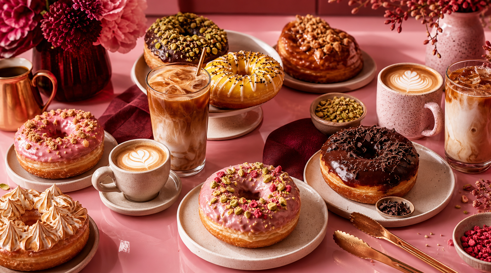 Scruncha donuts and coffee on a pink cafe table