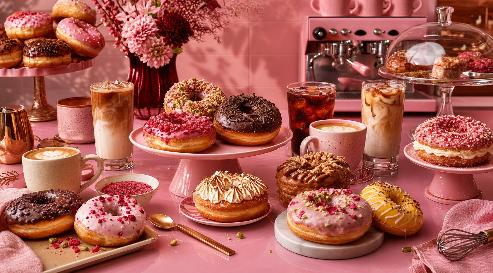 Editorial pink cafe scene with gourmet donuts and coffee drinks