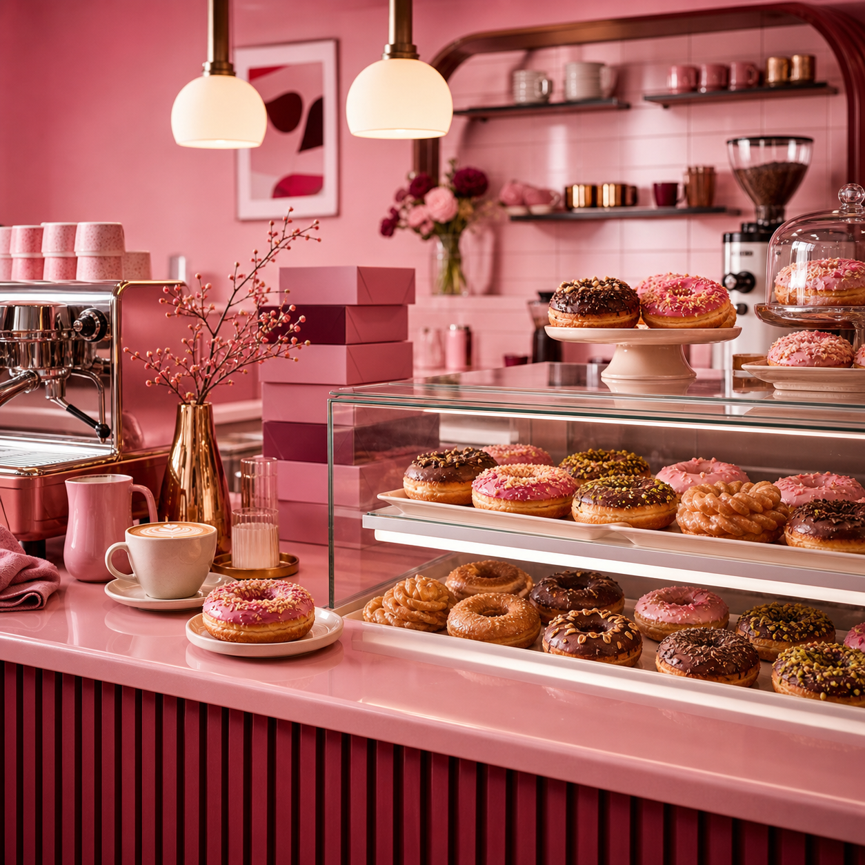 Scruncha bakery counter with donuts and espresso drinks
