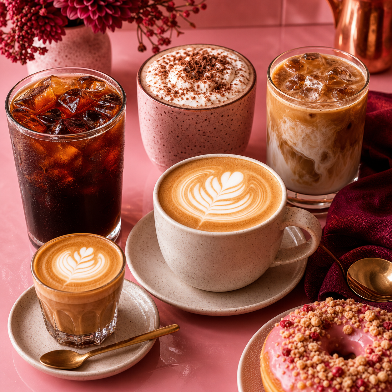 Scruncha coffee drinks on a glossy pink counter
